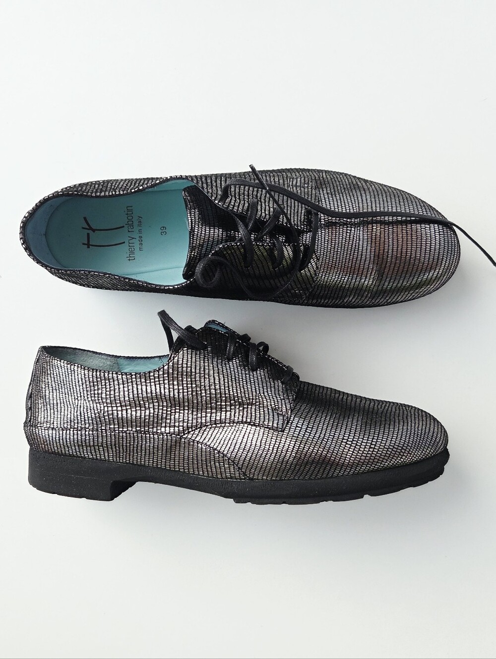 Thierry Rabotin Lace Up Silver Snake Reptile Embossed Loafers Size 39